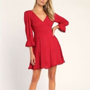 Lulu's Red Ribbed Wrap Mini Dress with Bishop Sleeves